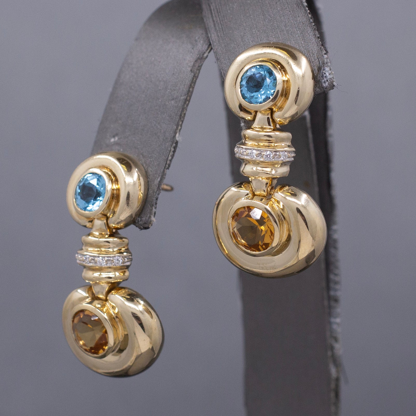 Vintage Bezel Set Blue Topaz and Citrine Dangle Earrings in 14k Yellow Gold