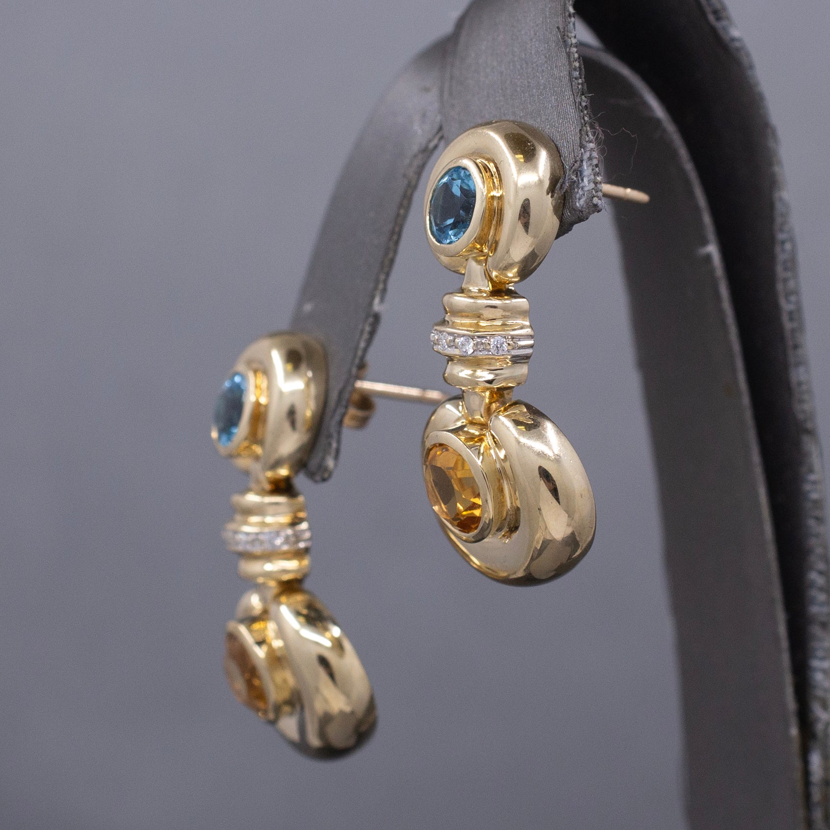 Vintage Bezel Set Blue Topaz and Citrine Dangle Earrings in 14k Yellow Gold