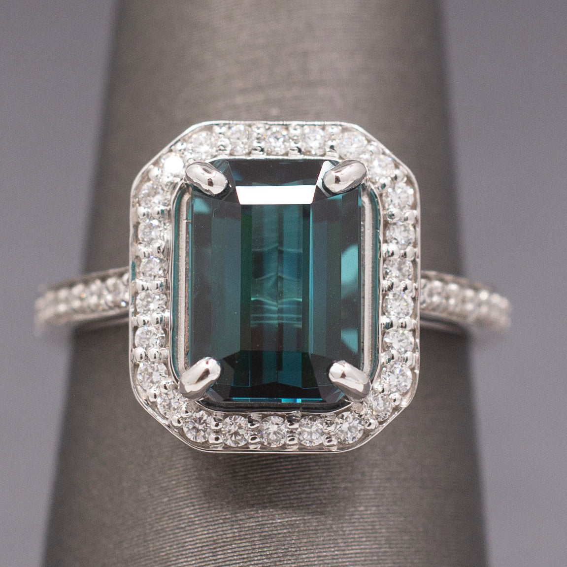 Spectacular Emerald Cut Lagoon Teal Indicolite Tourmaline and Diamond Ring in 14k White Gold
