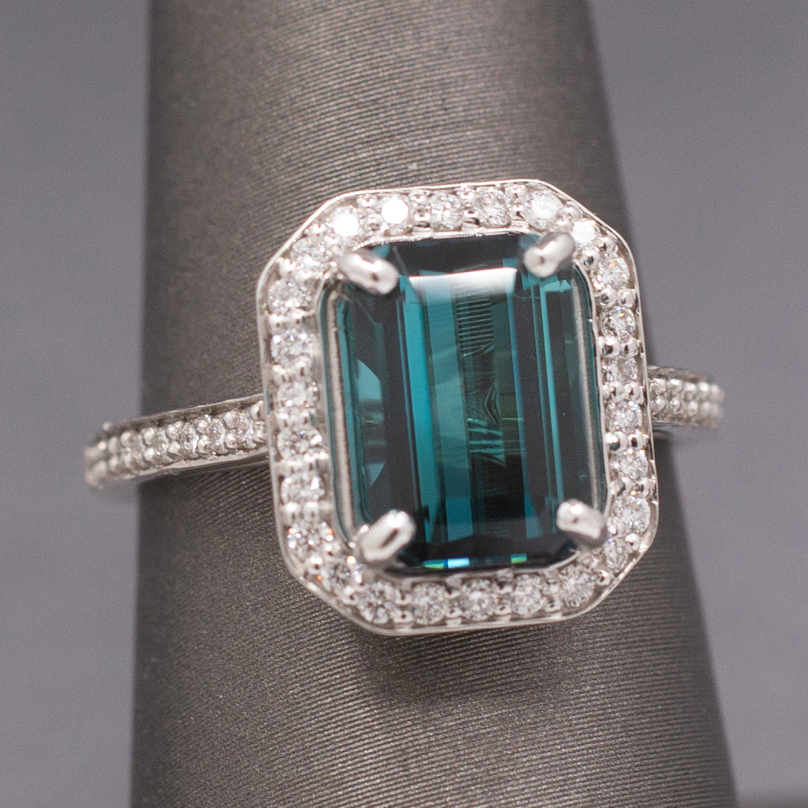 Spectacular Emerald Cut Lagoon Teal Indicolite Tourmaline and Diamond Ring in 14k White Gold