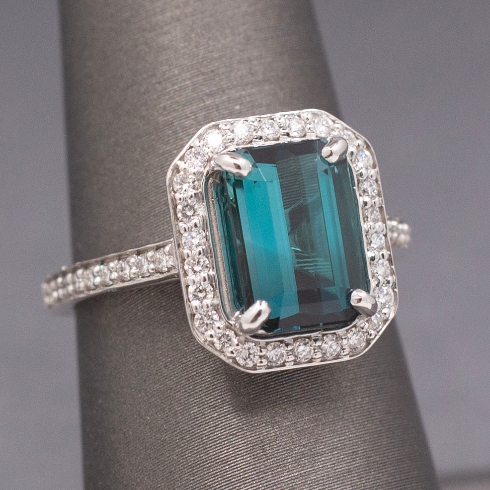Spectacular Emerald Cut Lagoon Teal Indicolite Tourmaline and Diamond Ring in 14k White Gold