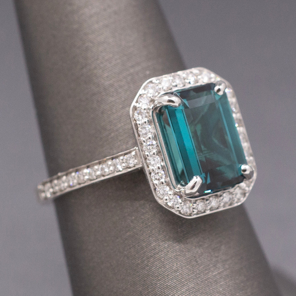 Spectacular Emerald Cut Lagoon Teal Indicolite Tourmaline and Diamond Ring in 14k White Gold