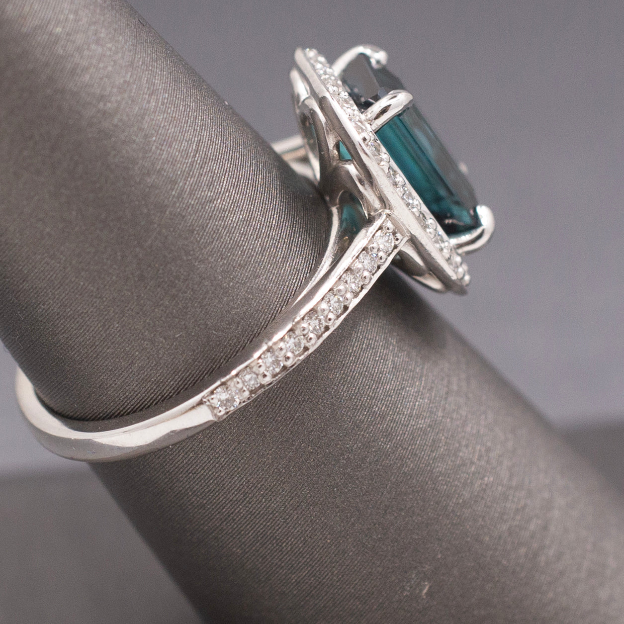 Spectacular Emerald Cut Lagoon Teal Indicolite Tourmaline and Diamond Ring in 14k White Gold