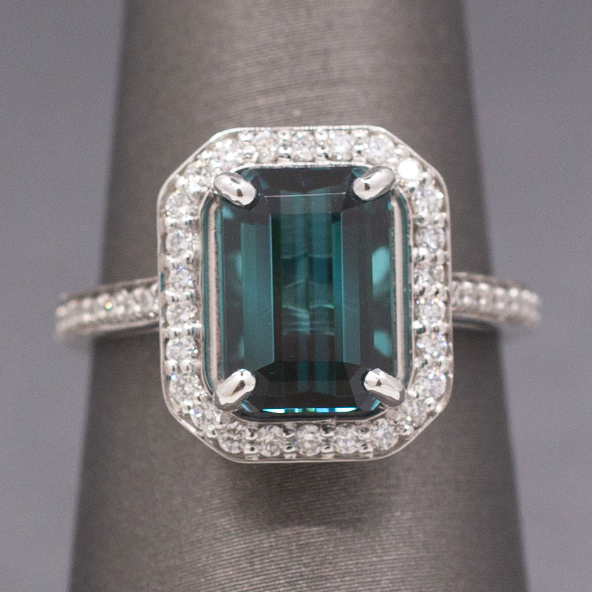 Spectacular Emerald Cut Lagoon Teal Indicolite Tourmaline and Diamond Ring in 14k White Gold