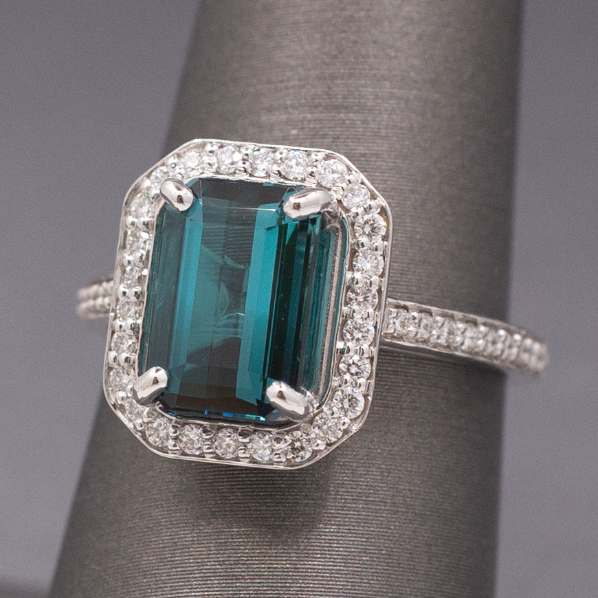 Spectacular Emerald Cut Lagoon Teal Indicolite Tourmaline and Diamond Ring in 14k White Gold