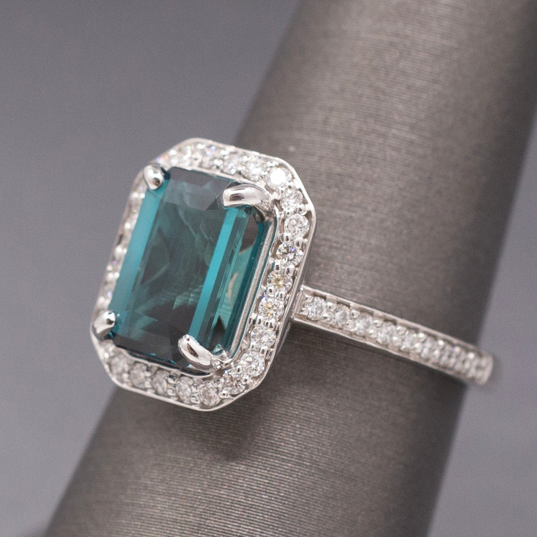 Spectacular Emerald Cut Lagoon Teal Indicolite Tourmaline and Diamond Ring in 14k White Gold