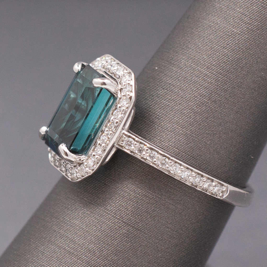 Spectacular Emerald Cut Lagoon Teal Indicolite Tourmaline and Diamond Ring in 14k White Gold