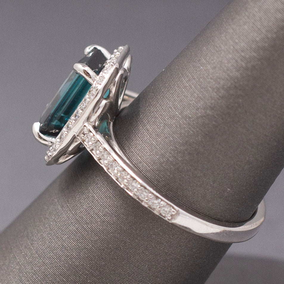 Spectacular Emerald Cut Lagoon Teal Indicolite Tourmaline and Diamond Ring in 14k White Gold