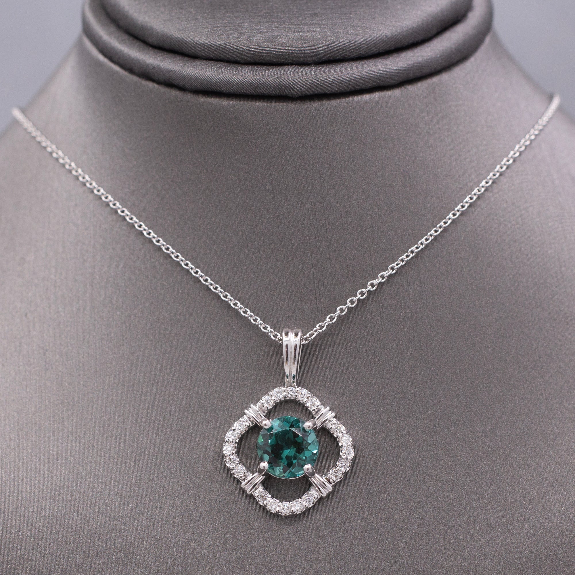 Sparkling Blue Green Teal Lagoon Tourmaline and Diamond Pendant Necklace in 14k White Gold