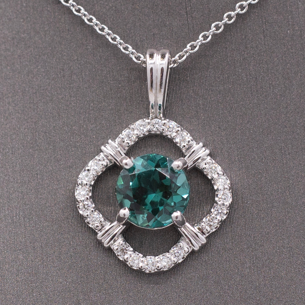 Sparkling Blue Green Teal Lagoon Tourmaline and Diamond Pendant Necklace in 14k White Gold