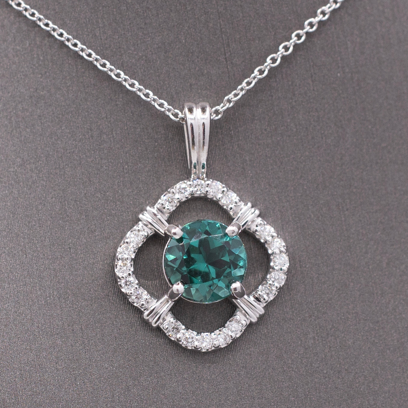 Sparkling Blue Green Teal Lagoon Tourmaline and Diamond Pendant Necklace in 14k White Gold