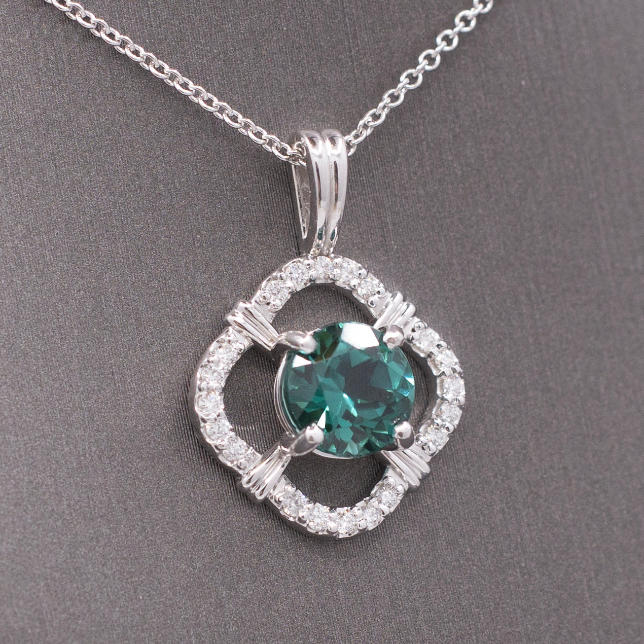 Sparkling Blue Green Teal Lagoon Tourmaline and Diamond Pendant Necklace in 14k White Gold