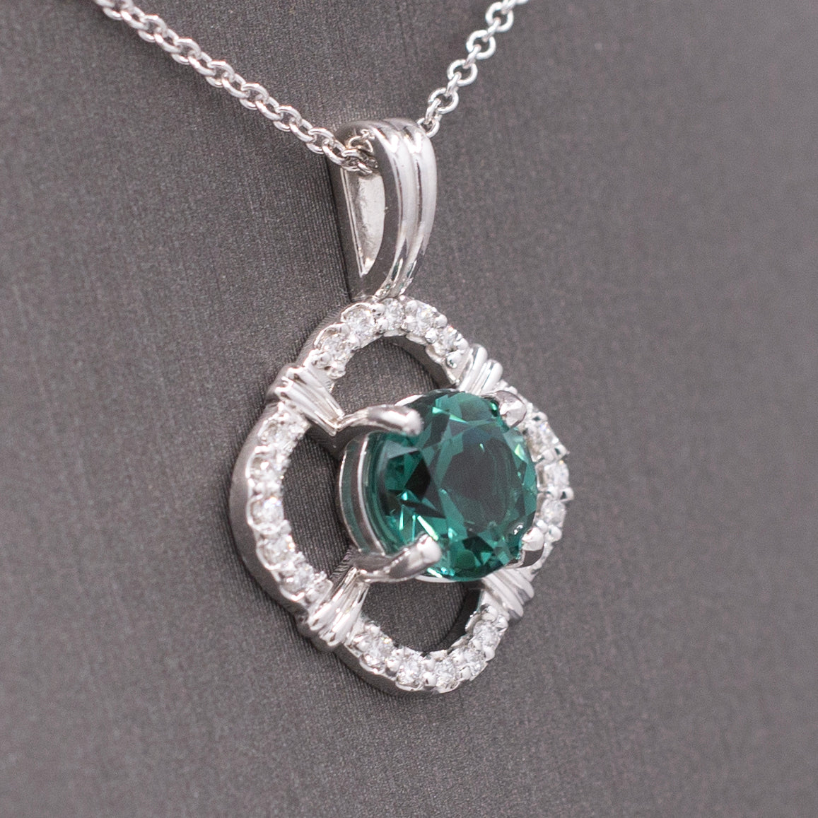 Sparkling Blue Green Teal Lagoon Tourmaline and Diamond Pendant Necklace in 14k White Gold