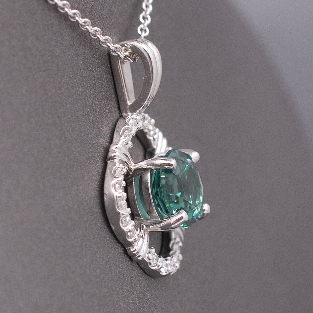 Sparkling Blue Green Teal Lagoon Tourmaline and Diamond Pendant Necklace in 14k White Gold