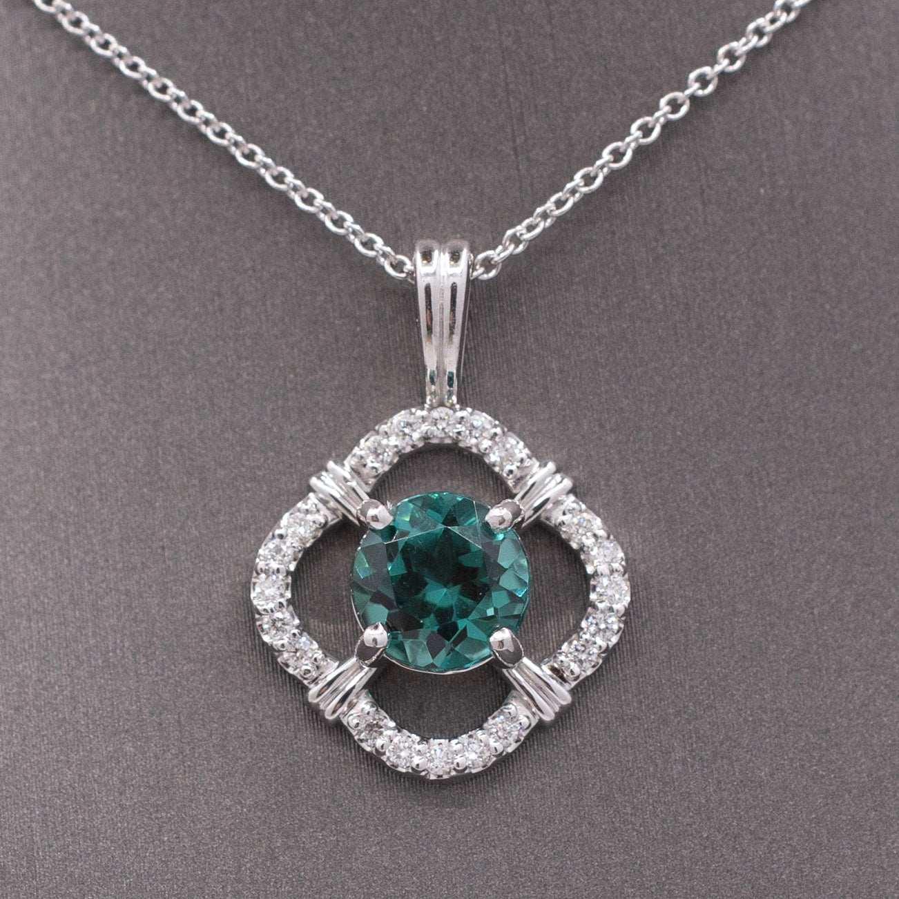 Sparkling Blue Green Teal Lagoon Tourmaline and Diamond Pendant Necklace in 14k White Gold