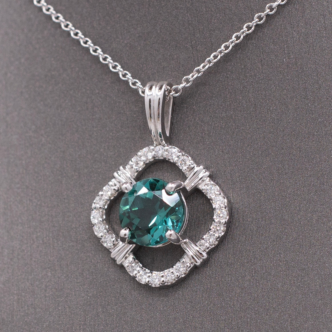 Sparkling Blue Green Teal Lagoon Tourmaline and Diamond Pendant Necklace in 14k White Gold