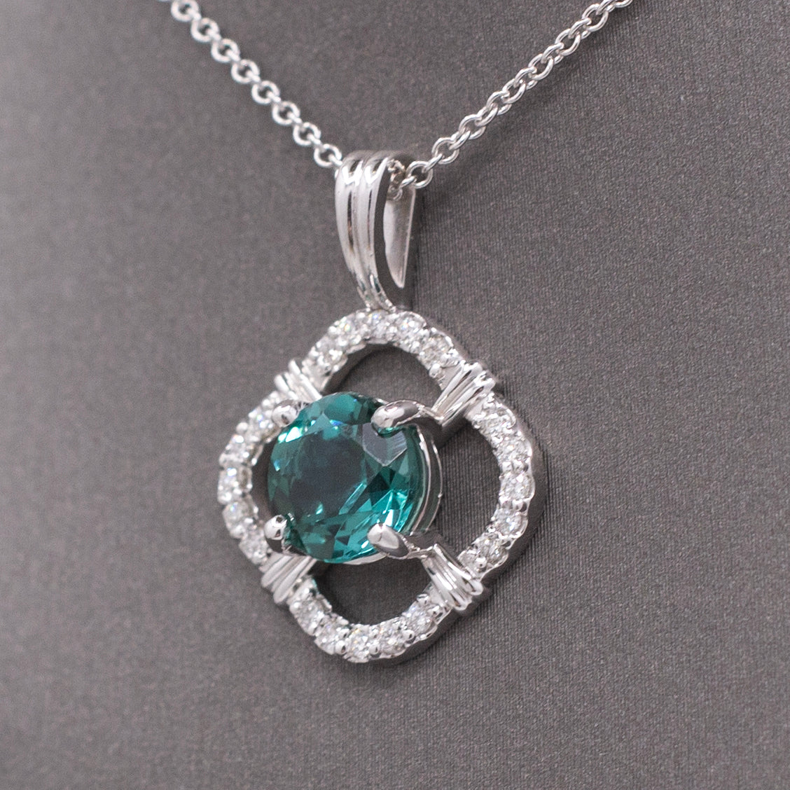 Sparkling Blue Green Teal Lagoon Tourmaline and Diamond Pendant Necklace in 14k White Gold