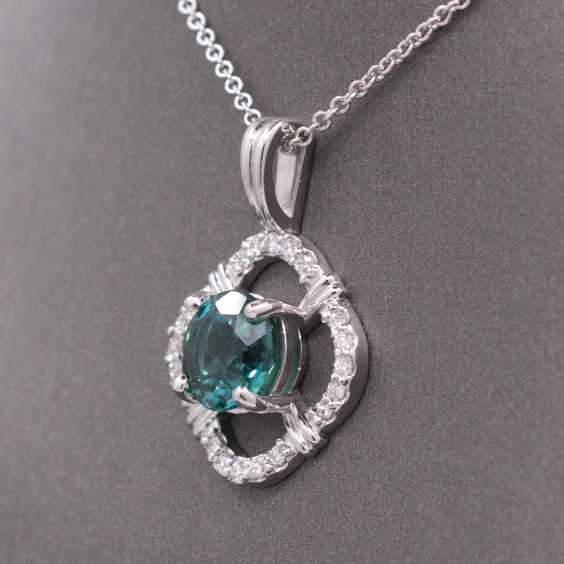 Sparkling Blue Green Teal Lagoon Tourmaline and Diamond Pendant Necklace in 14k White Gold