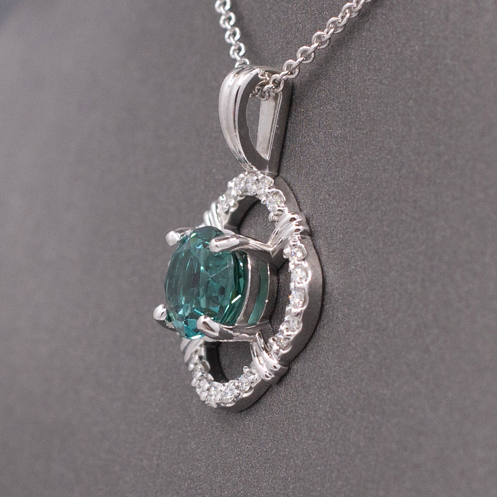 Sparkling Blue Green Teal Lagoon Tourmaline and Diamond Pendant Necklace in 14k White Gold