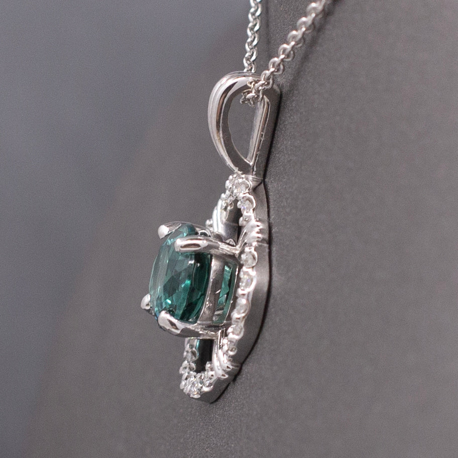 Sparkling Blue Green Teal Lagoon Tourmaline and Diamond Pendant Necklace in 14k White Gold