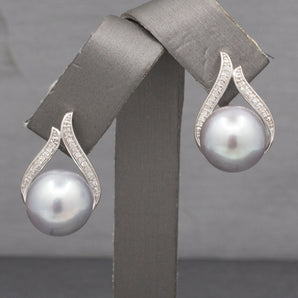 Elegant Silver South Sea Pearl and Diamond Earrings in 14k White Gold