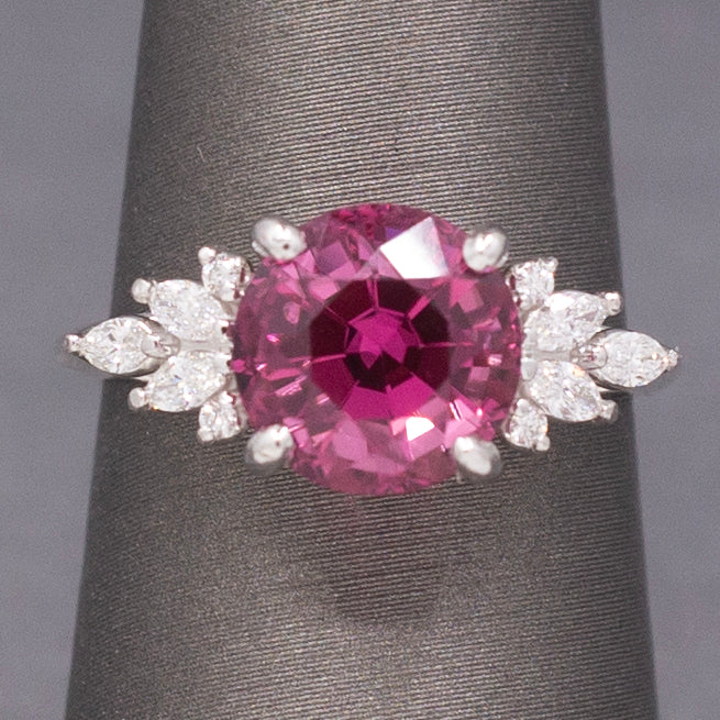 Vivid Pink Fuchsia Tourmaline and Marquise Diamond Statement Ring in 14k White Gold