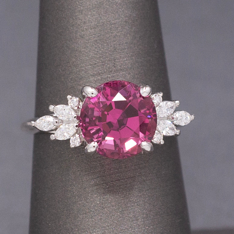 Vivid Pink Fuchsia Tourmaline and Marquise Diamond Statement Ring in 14k White Gold