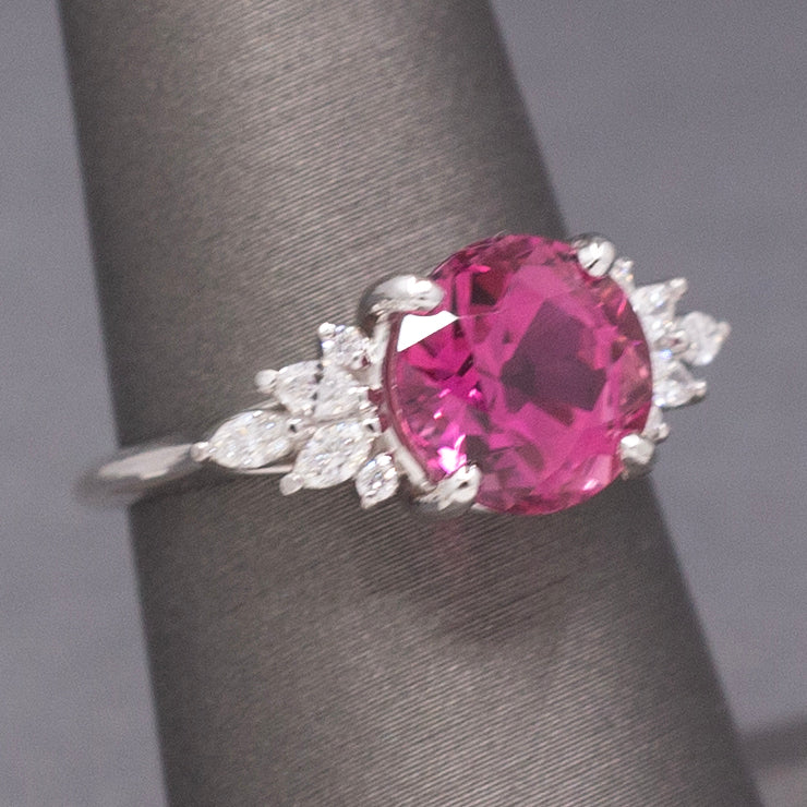 Vivid Pink Fuchsia Tourmaline and Marquise Diamond Statement Ring in 14k White Gold