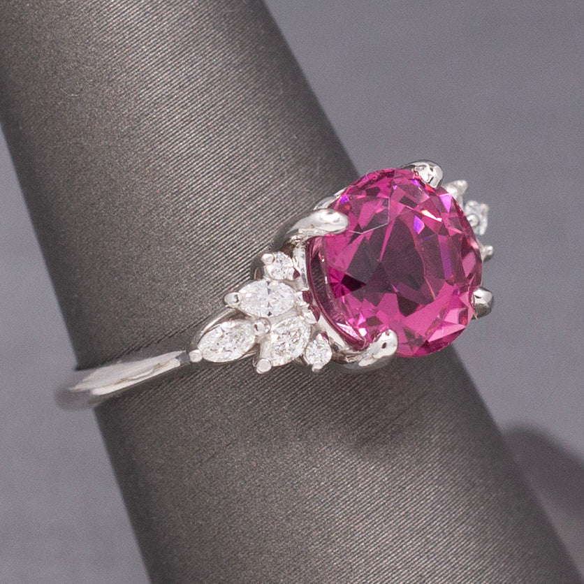 Vivid Pink Fuchsia Tourmaline and Marquise Diamond Statement Ring in 14k White Gold