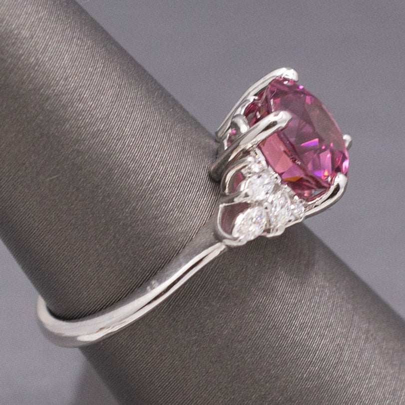 Vivid Pink Fuchsia Tourmaline and Marquise Diamond Statement Ring in 14k White Gold