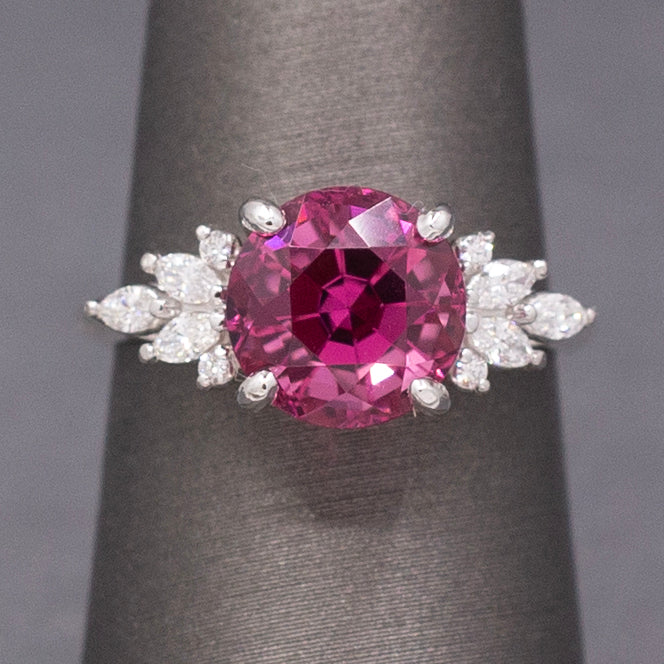 Vivid Pink Fuchsia Tourmaline and Marquise Diamond Statement Ring in 14k White Gold