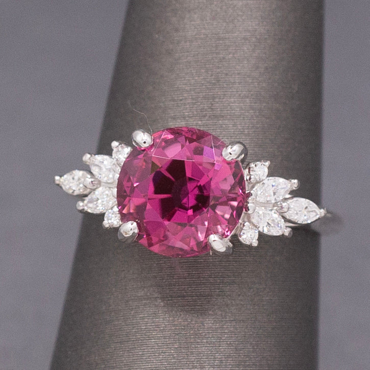 Vivid Pink Fuchsia Tourmaline and Marquise Diamond Statement Ring in 14k White Gold