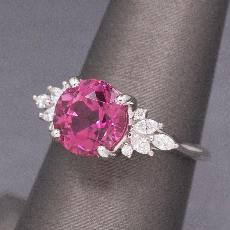 Vivid Pink Fuchsia Tourmaline and Marquise Diamond Statement Ring in 14k White Gold
