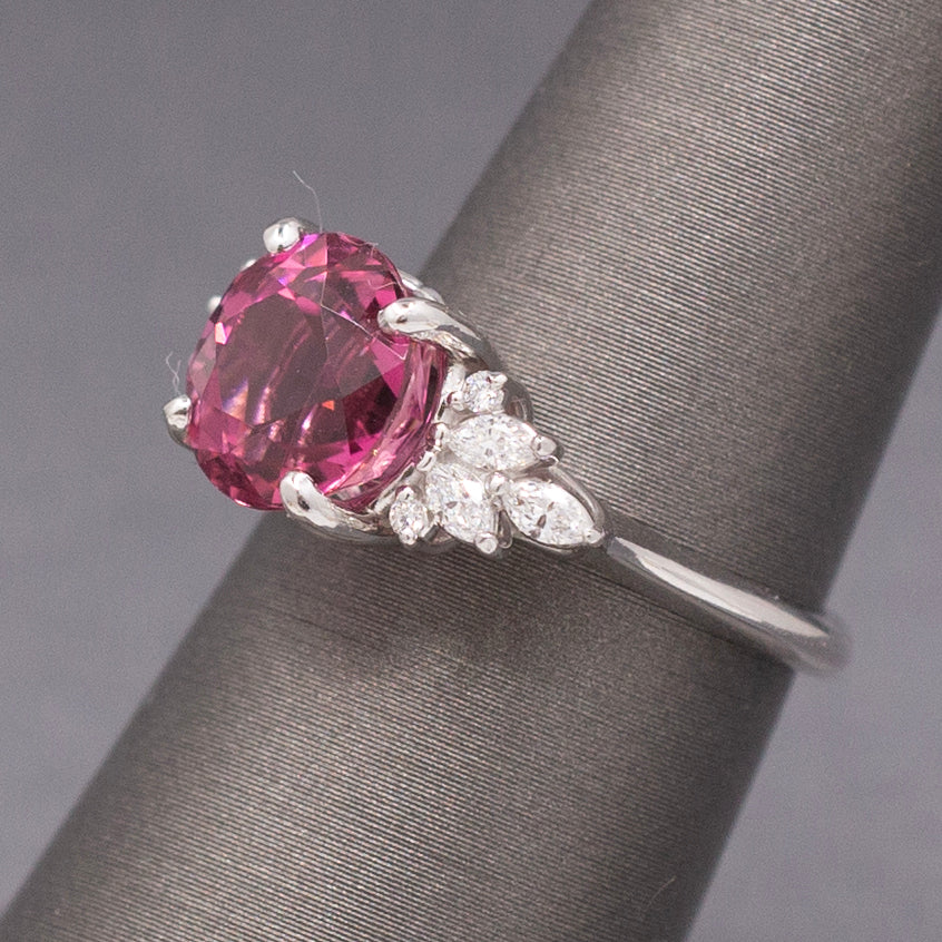 Vivid Pink Fuchsia Tourmaline and Marquise Diamond Statement Ring in 14k White Gold