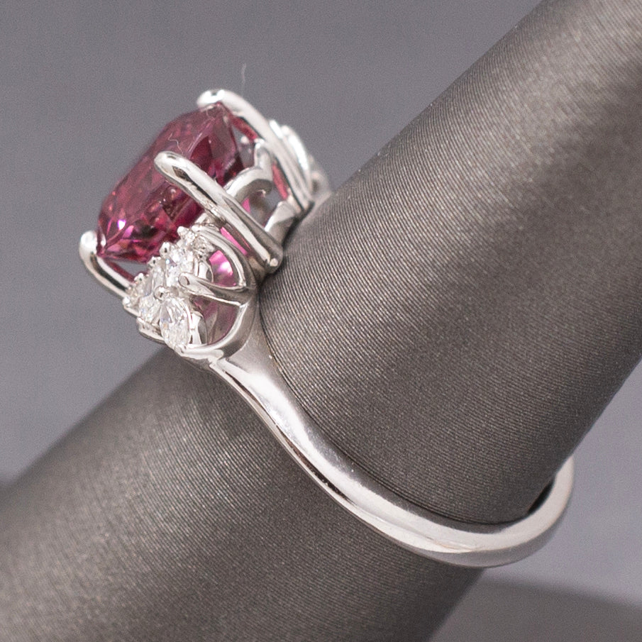 Vivid Pink Fuchsia Tourmaline and Marquise Diamond Statement Ring in 14k White Gold