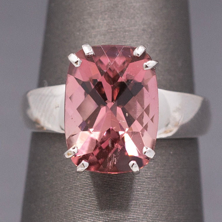 Juicy Peachy Pink Tourmaline Checkerboard Faceted Cocktail Ring in 14k White Gold