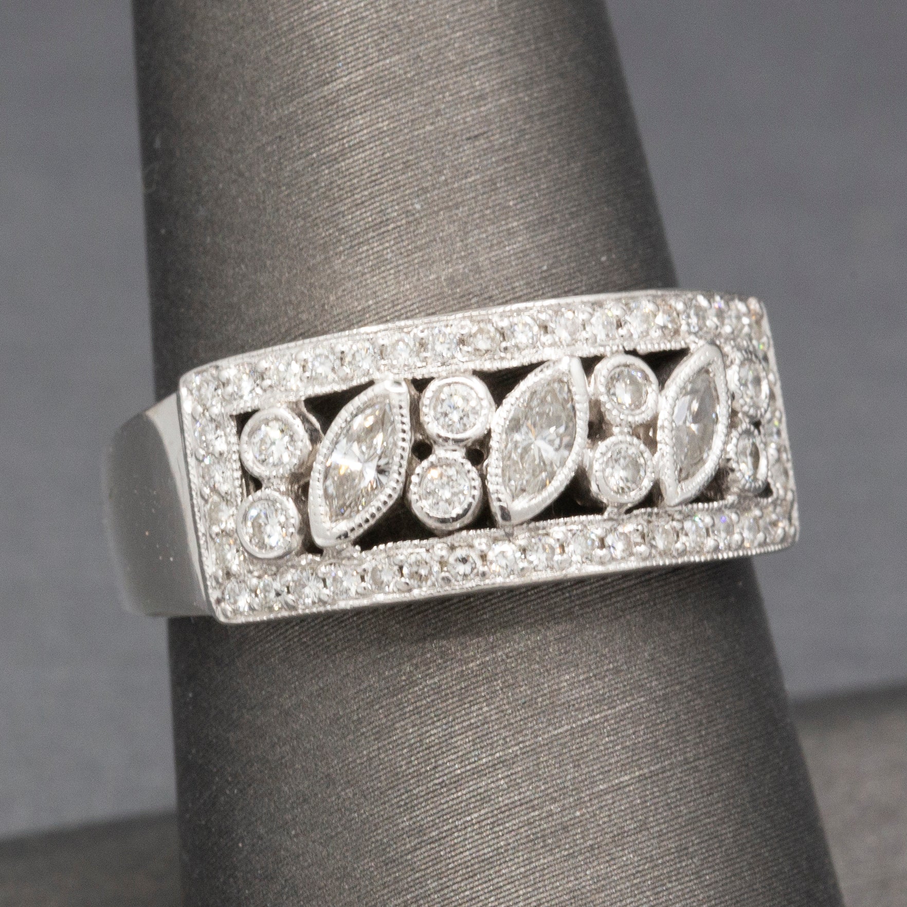 Bezel Set Round and Marquise Diamond Band Ring in 18k White Gold