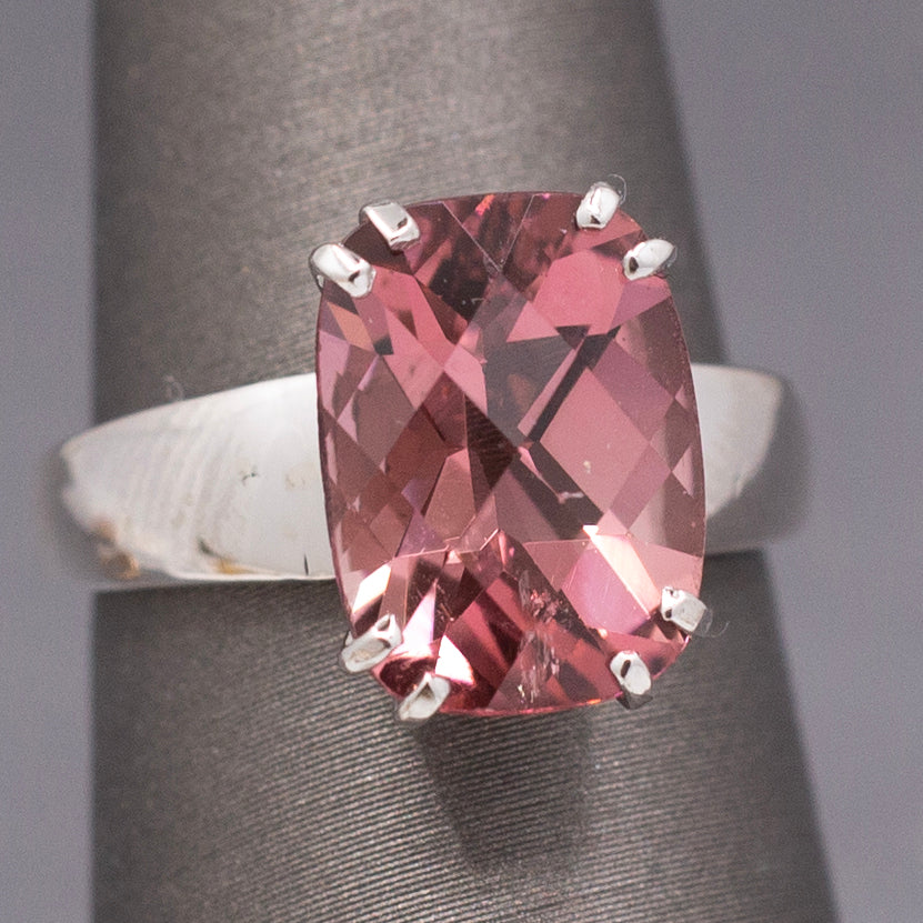 Juicy Peachy Pink Tourmaline Checkerboard Faceted Cocktail Ring in 14k White Gold
