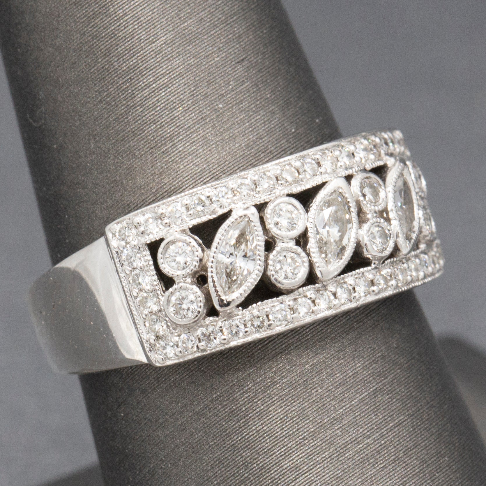 Bezel Set Round and Marquise Diamond Band Ring in 18k White Gold