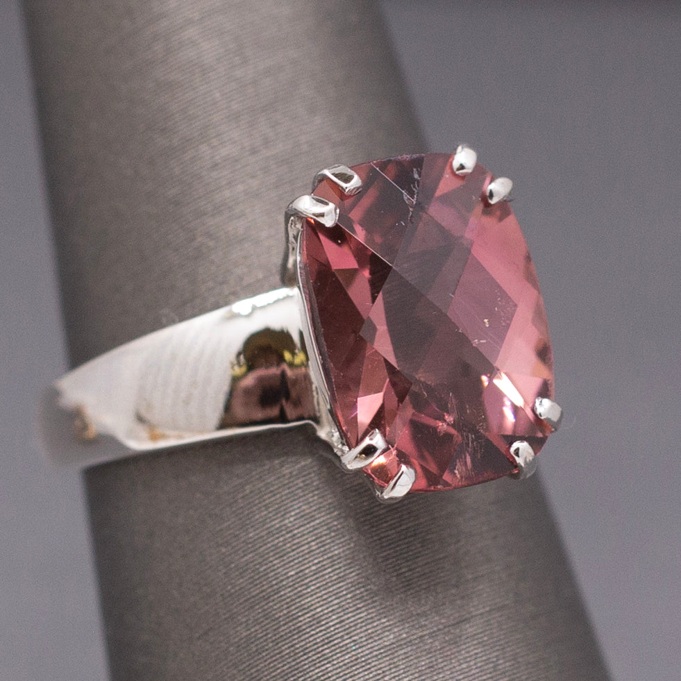 Juicy Peachy Pink Tourmaline Checkerboard Faceted Cocktail Ring in 14k White Gold