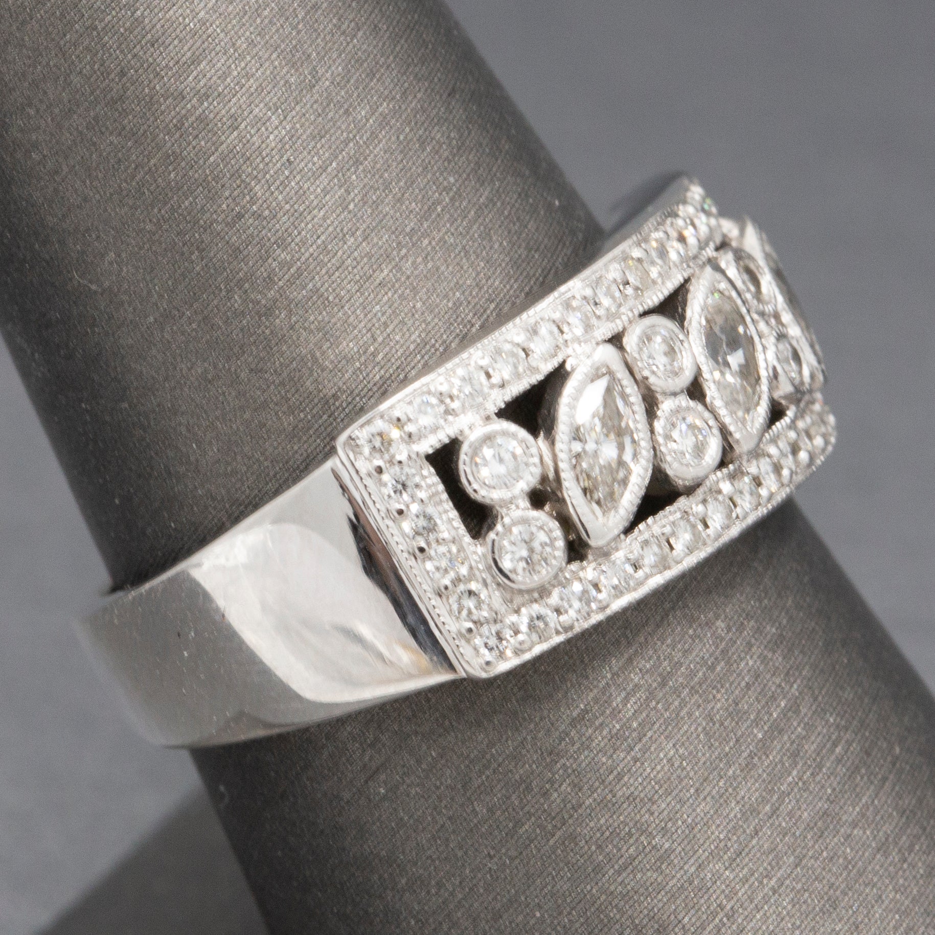 Bezel Set Round and Marquise Diamond Band Ring in 18k White Gold
