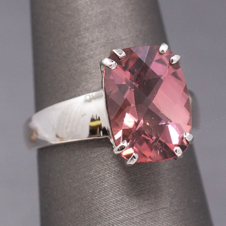 Juicy Peachy Pink Tourmaline Checkerboard Faceted Cocktail Ring in 14k White Gold