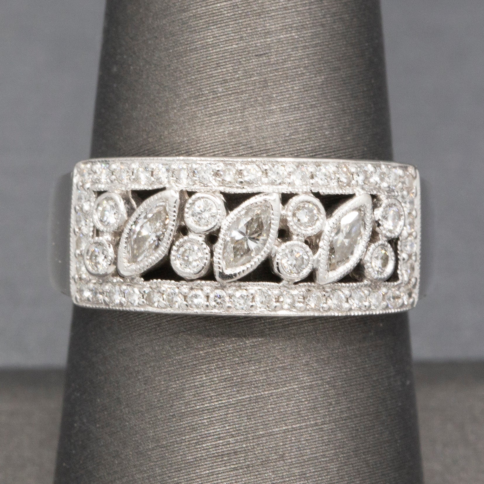 Bezel Set Round and Marquise Diamond Band Ring in 18k White Gold
