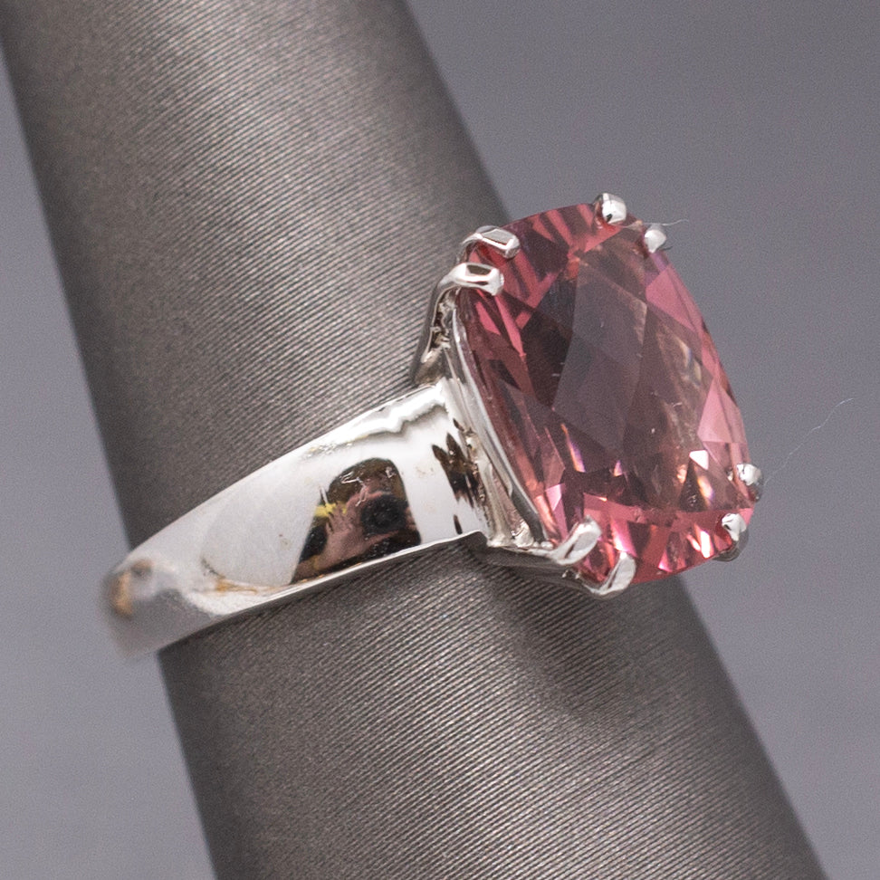 Juicy Peachy Pink Tourmaline Checkerboard Faceted Cocktail Ring in 14k White Gold