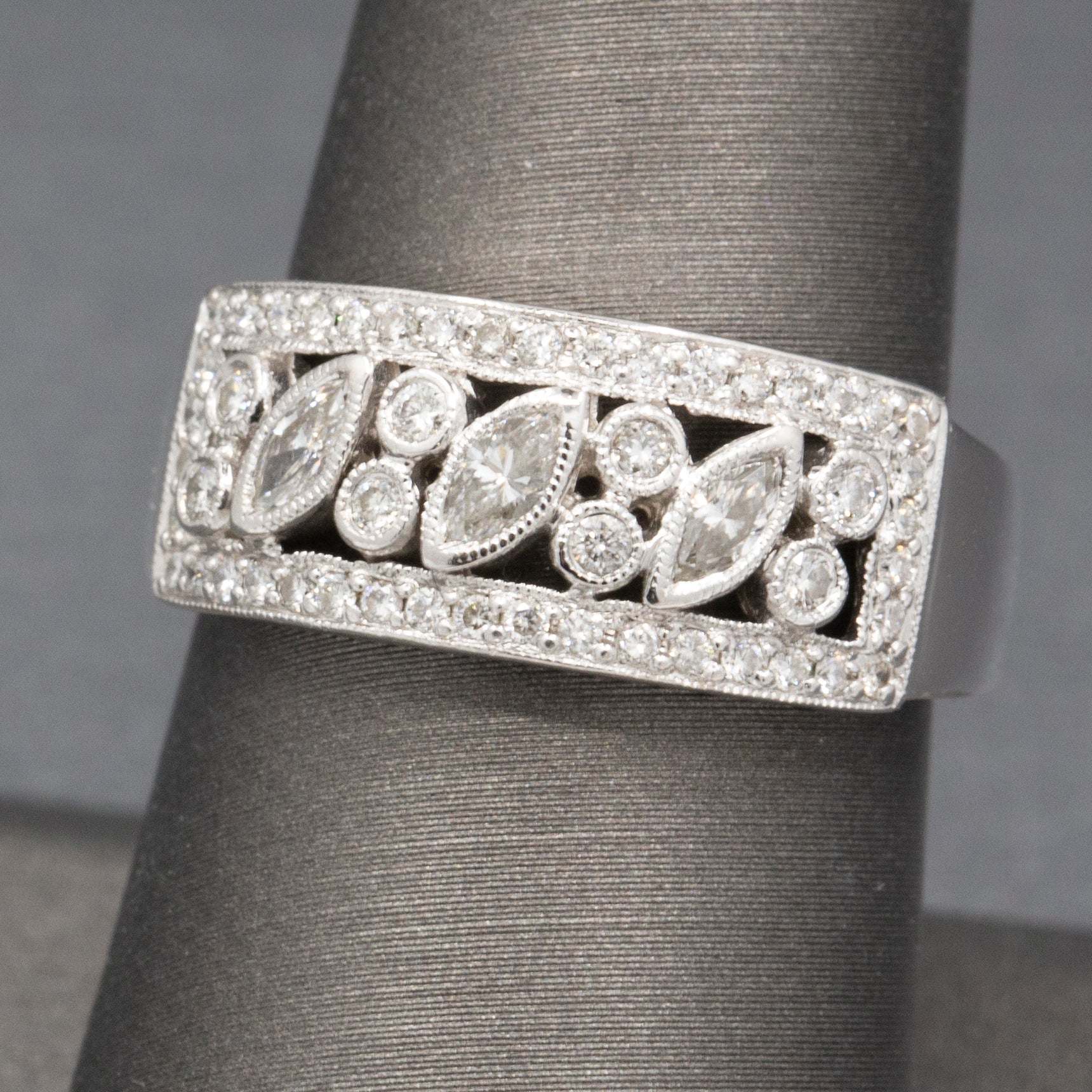 Bezel Set Round and Marquise Diamond Band Ring in 18k White Gold