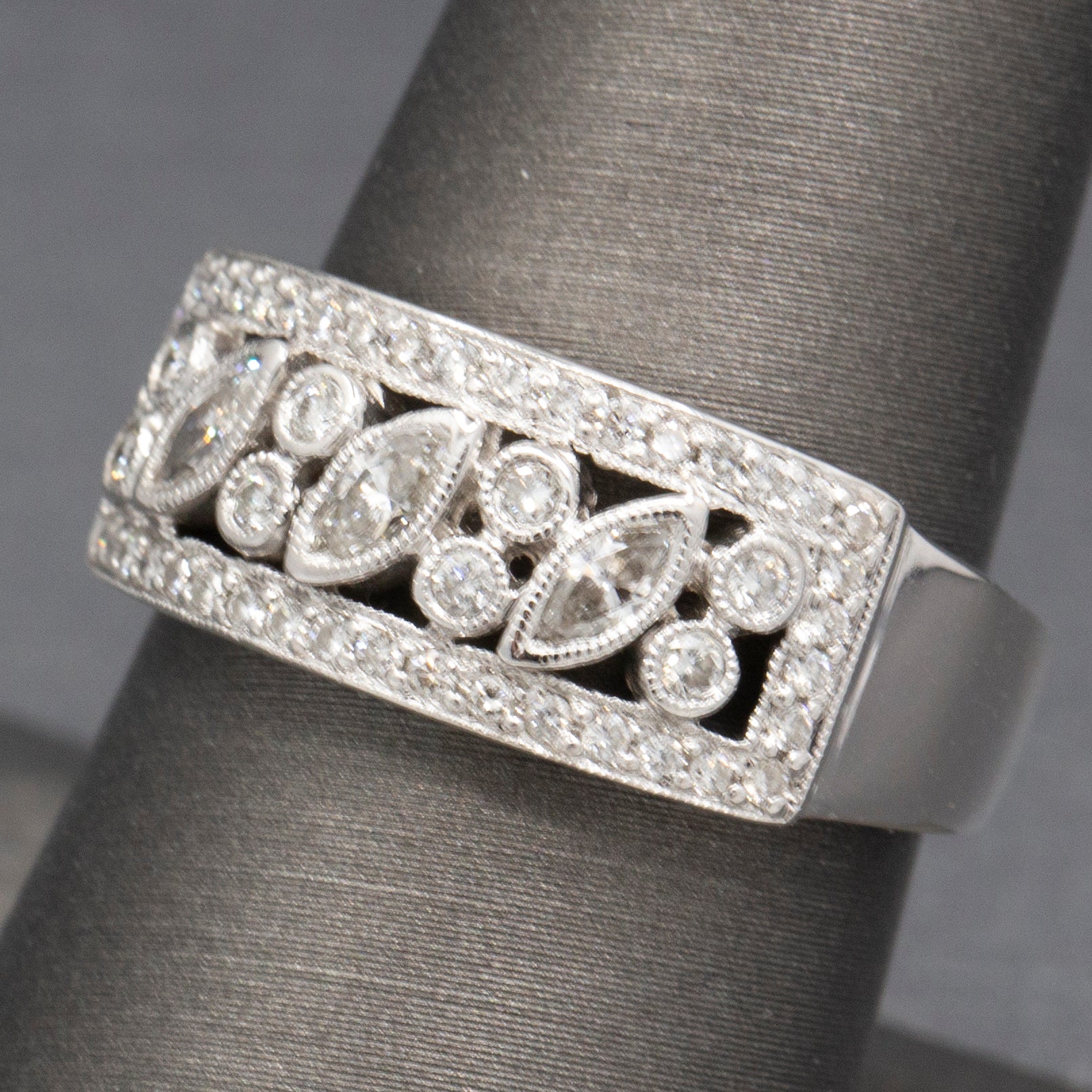 Bezel Set Round and Marquise Diamond Band Ring in 18k White Gold