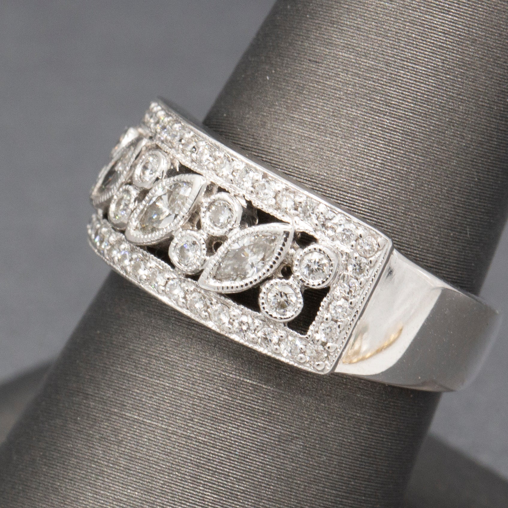 Bezel Set Round and Marquise Diamond Band Ring in 18k White Gold