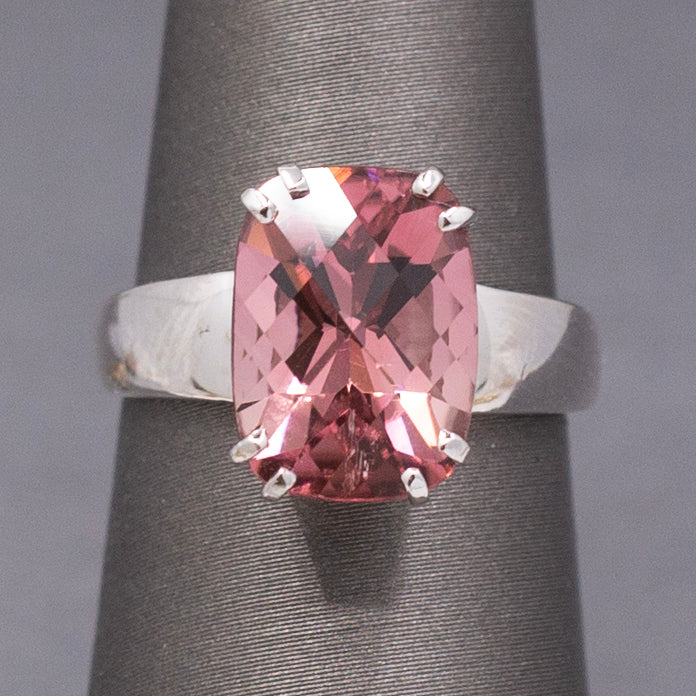 Juicy Peachy Pink Tourmaline Checkerboard Faceted Cocktail Ring in 14k White Gold