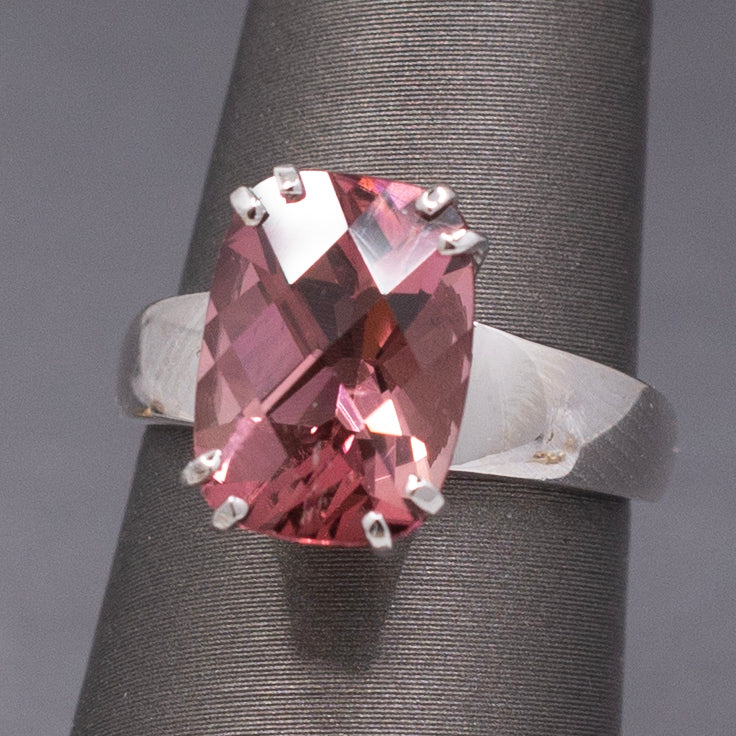 Juicy Peachy Pink Tourmaline Checkerboard Faceted Cocktail Ring in 14k White Gold
