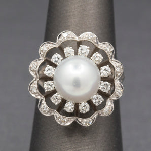 Stunning Vintage Pearl and Diamond Cocktail Ring in 14k White Gold